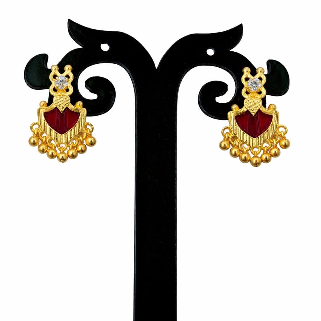 Gold Plated Beads Dangling Red Palakka Studs