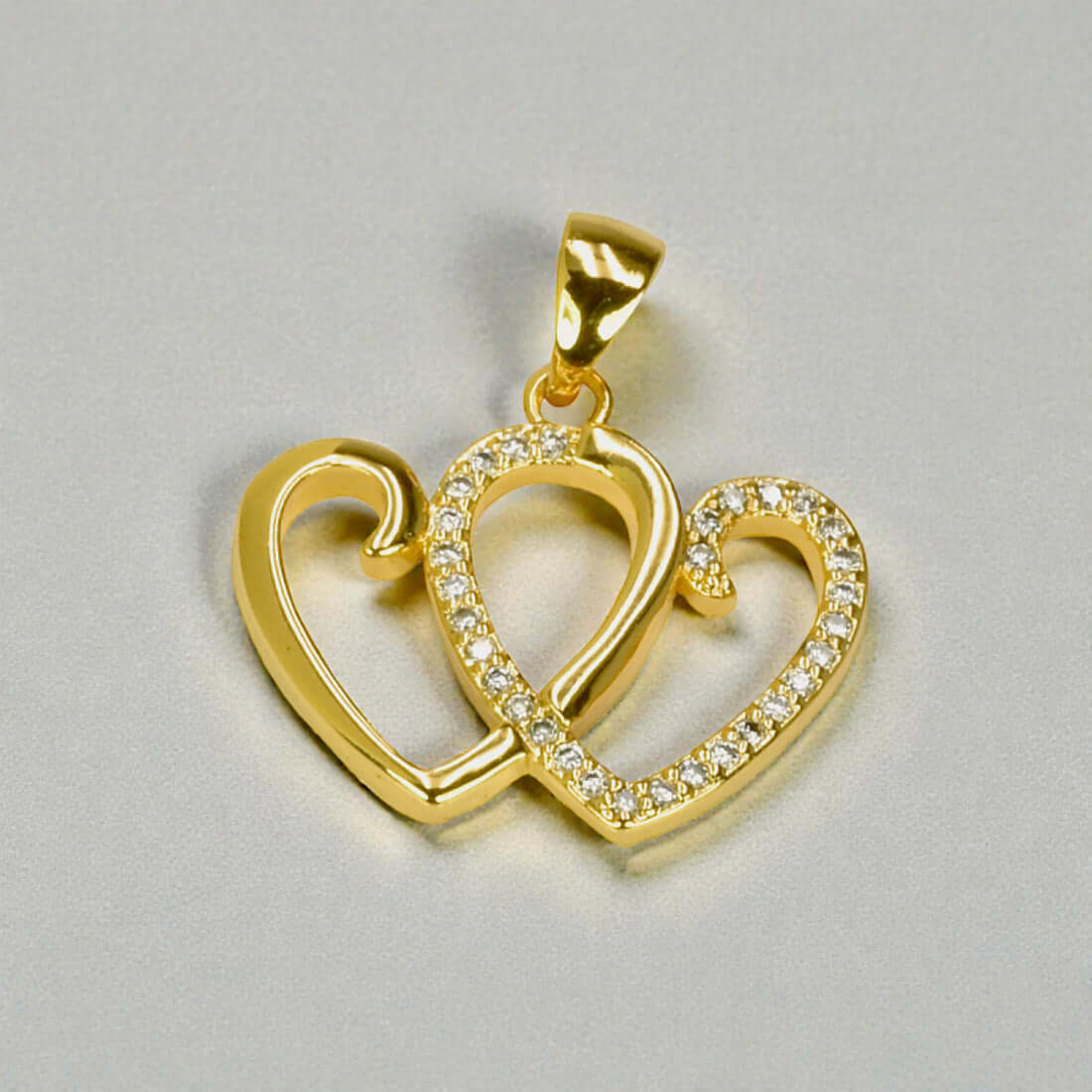 Golden Double Heart Cubic Zirconia Pendant