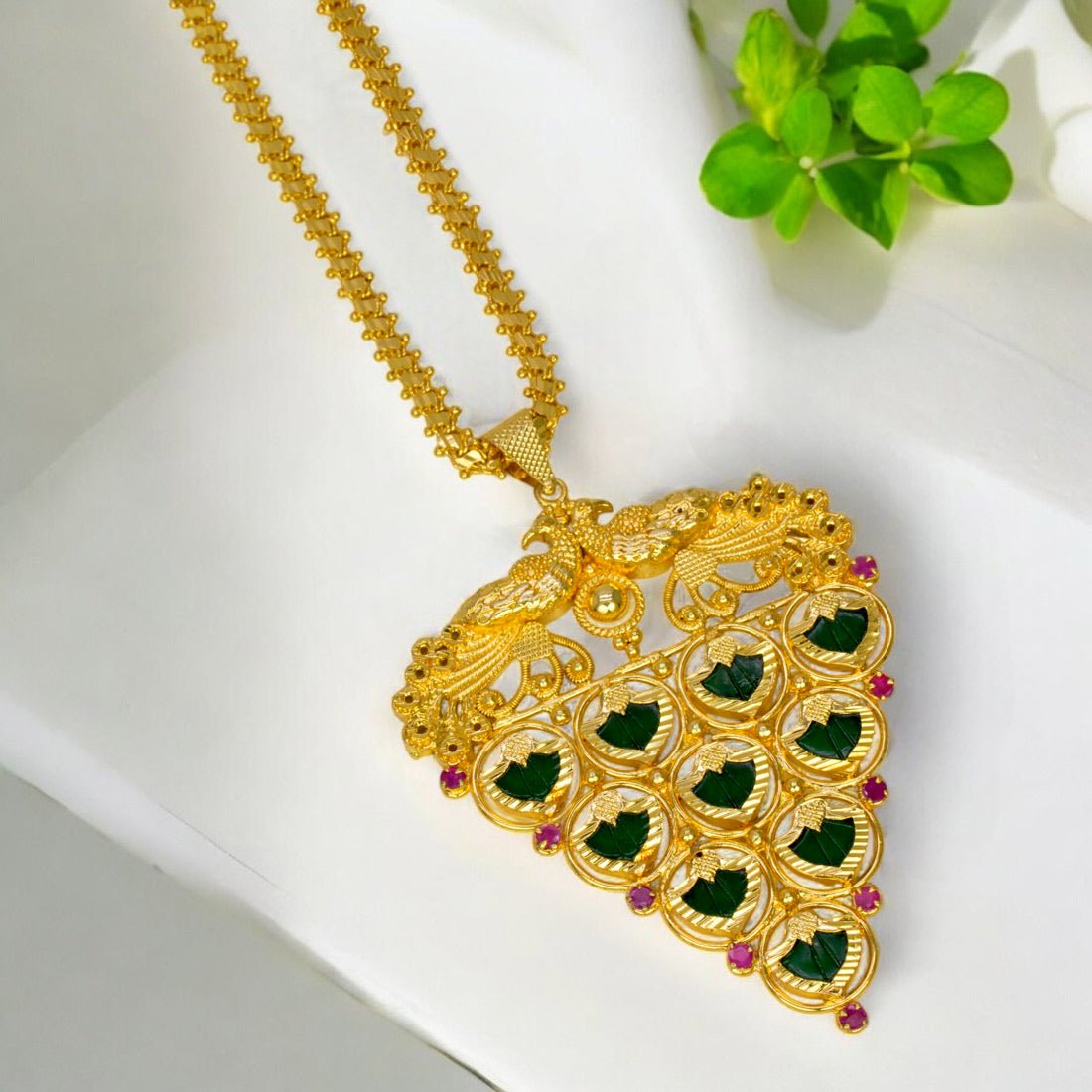 Kerala Gold Plated Big Green Palakka Peacock Pendant Chain - KSupreme