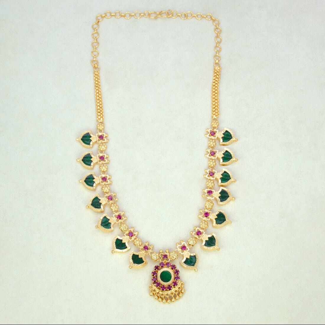 Kerala Gold Plated Palakka Necklace - 7 Stones - Green - K Supreme