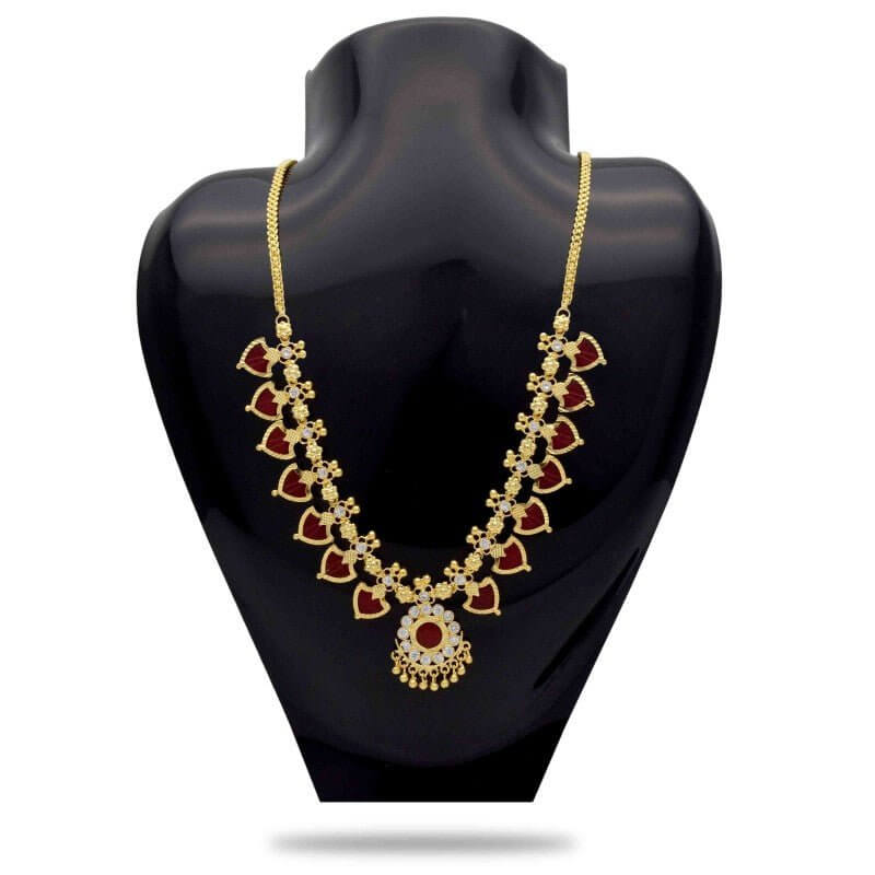 Kerala Gold Plated Palakka Necklace - 7 Stones - Red - K Supreme