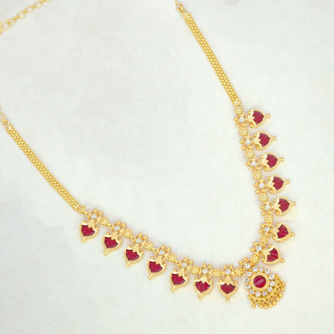 Kerala Gold Plated Palakka Necklace - 7 Stones - Red - K Supreme