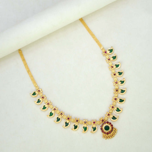 Kerala Traditional Gold Plated Green Mango Necklace - 9 Stones - K Supreme