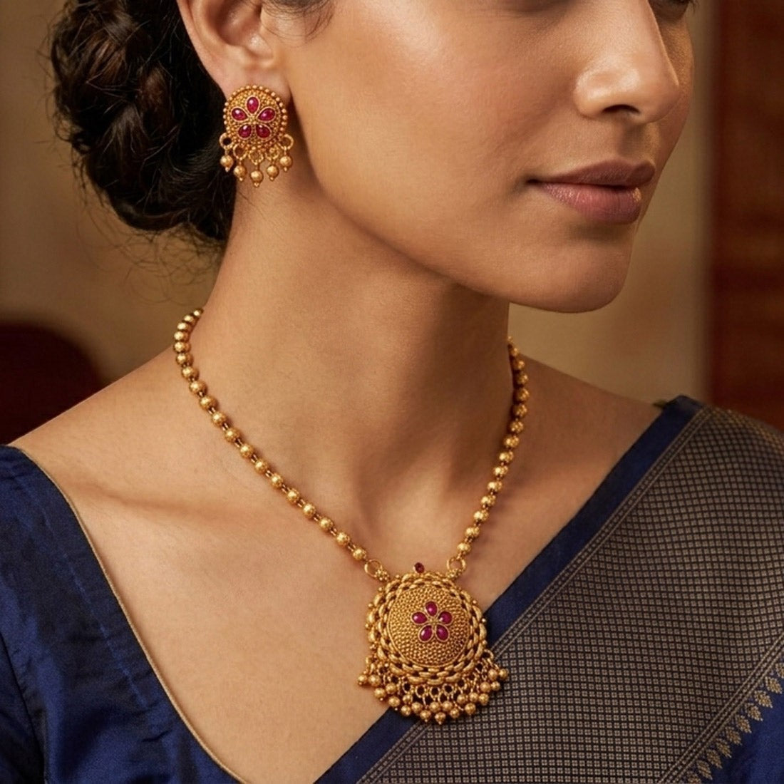 Close-up of a woman wearing Antique Kemp Mandala Pendant Necklace Set and matching earrings, showcasing detailed craftsmanship.