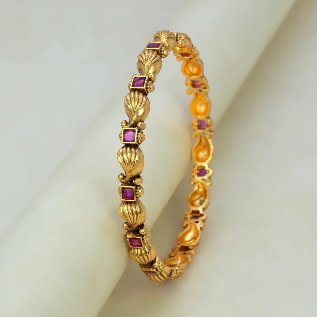 K Supreme Antique Paisley Design Square Kemp Stone Bangle with alternating paisley motifs and square kemp stones. Traditional heritage jewellery.