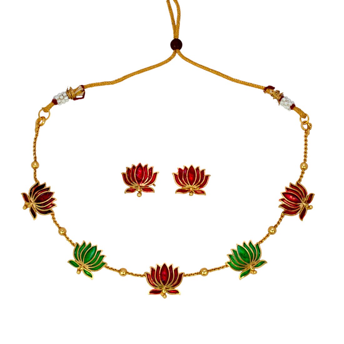 Lotus Design Matte Gold - Plated Beads Chain Necklace Set - KSupreme