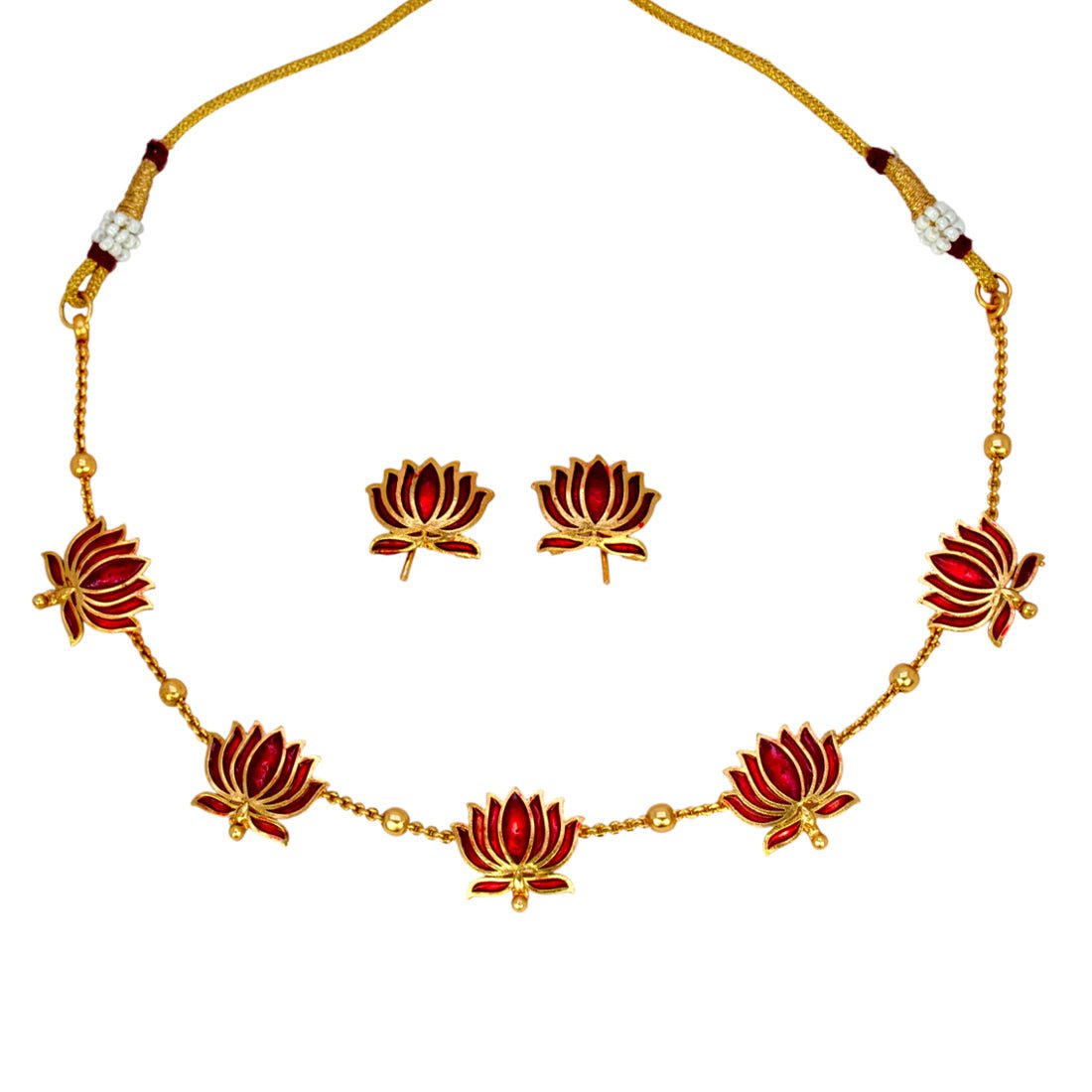 Lotus Design Matte Gold - Plated Beads Chain Necklace Set - KSupreme