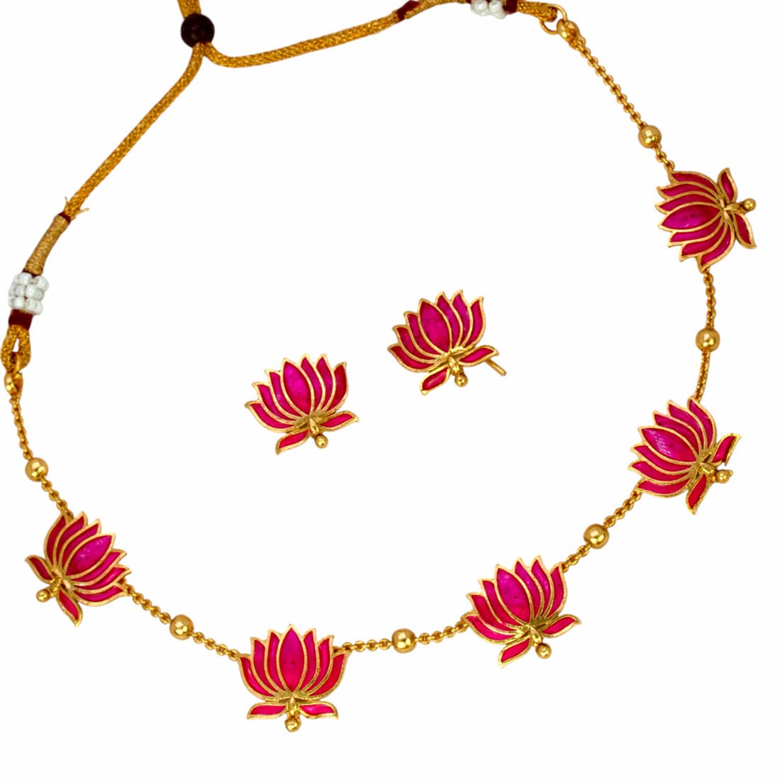Lotus Design Matte Gold - Plated Beads Chain Necklace Set - KSupreme