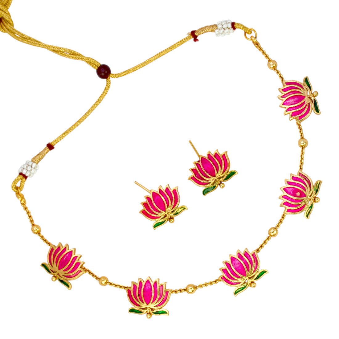 Lotus Design Matte Gold - Plated Beads Chain Necklace Set - KSupreme