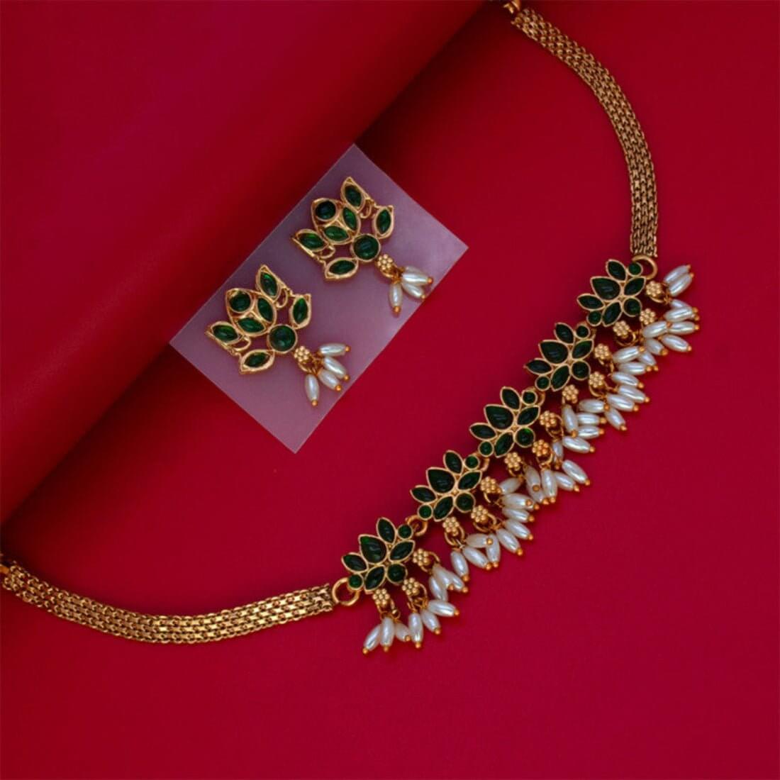 Matte Gold Finish Kemp and Pearls Lotus Necklace Set - K Supreme