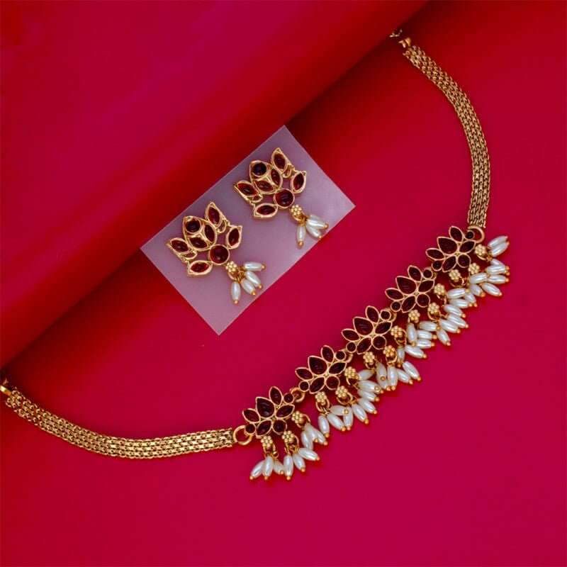 Matte Gold Finish Kemp and Pearls Lotus Necklace Set - K Supreme