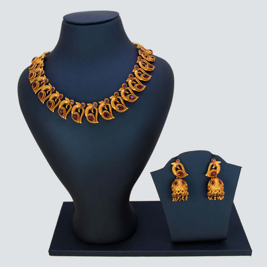 Matte Gold Plated Ruby Stone Peacock Necklace With Jhumka - K Supreme
