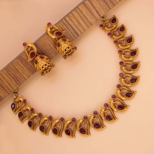 Matte Gold Plated Ruby Stone Peacock Necklace With Jhumka - K Supreme