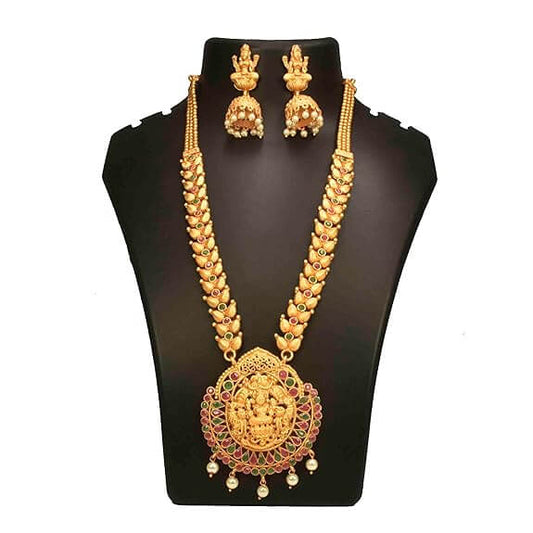 Matte Ruby Emerald Chettinad Lakshmi Long Necklace Set - K Supreme