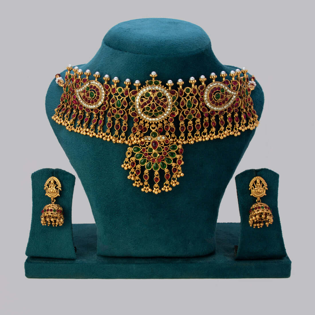 Multi - Colour Kemp Antique Choker with Lakshmi Jhumkas - K Supreme