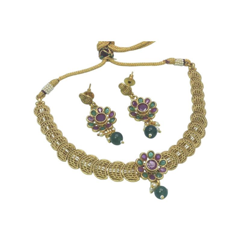 Multicoloured Stones Antique Gold Plated Choker Set - K Supreme