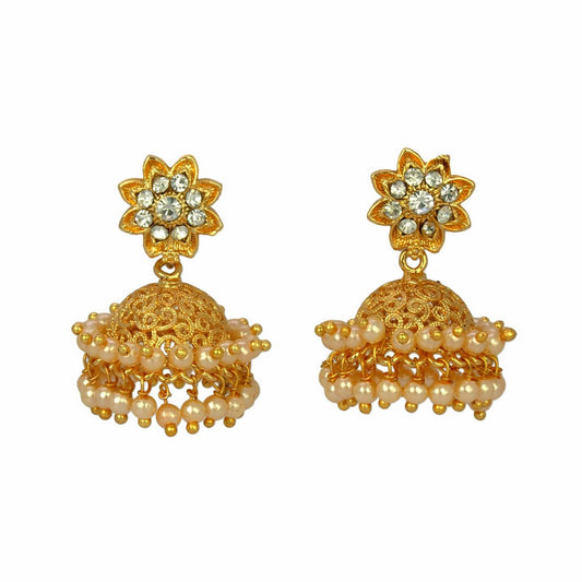 Pearls Hanging Gold Plated White Stone Floral Jhumka - KSupreme