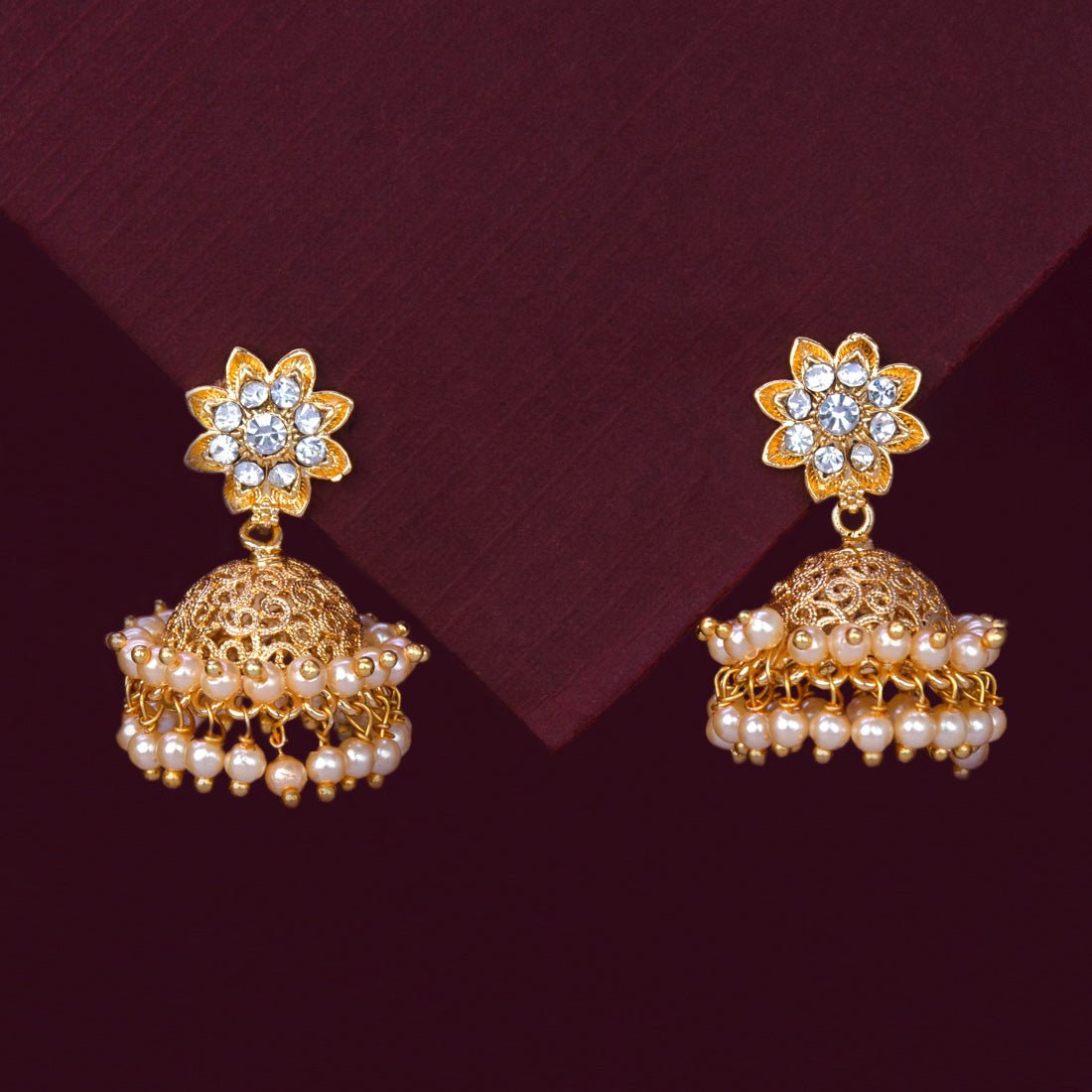 Pearls Hanging Gold Plated White Stone Floral Jhumka - KSupreme