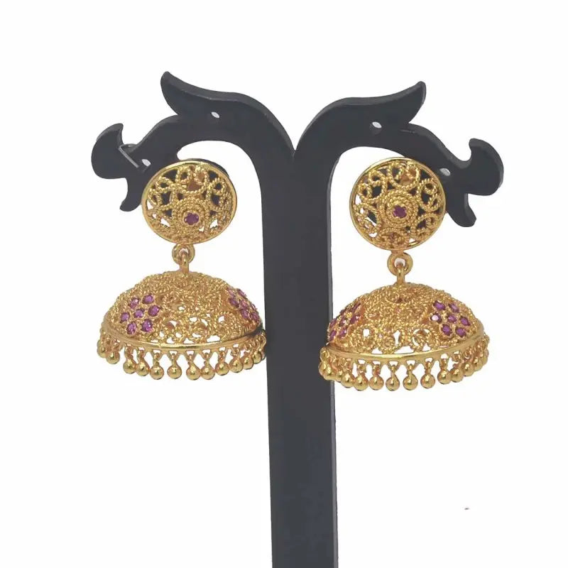 Premium Gold Plated Traditional Ruby Stones Jhumka Earrings with floral design and ruby accents.