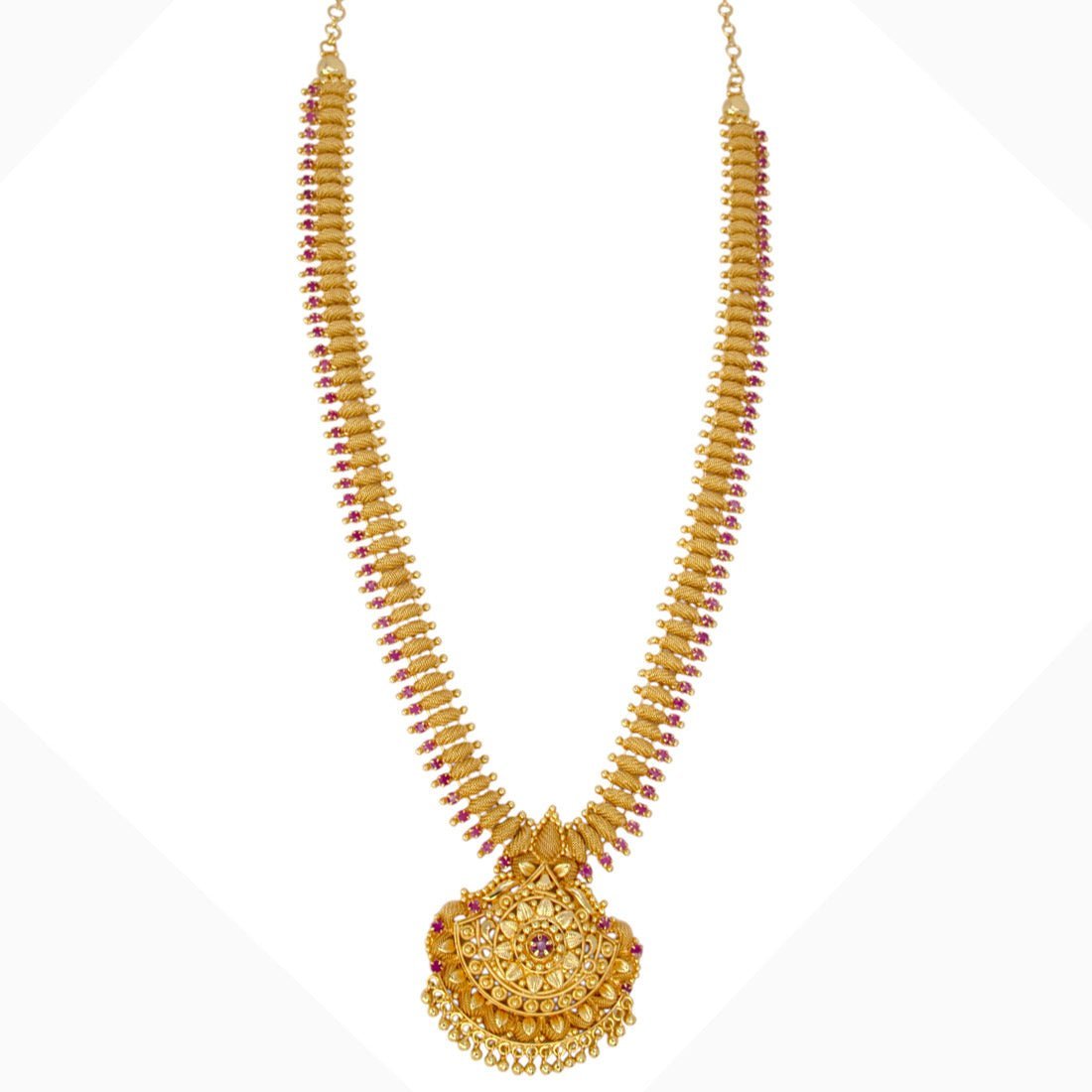 Ravishing Gold Plated Net Ruby Pendant Long Necklace - KSupreme