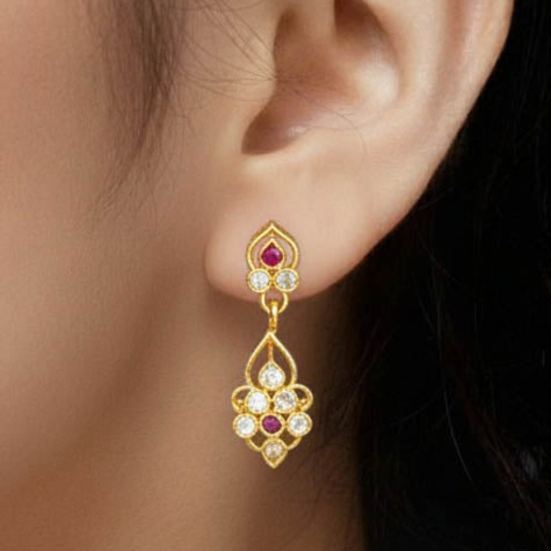 Small Gold Plated CZ Ruby Drop Earrings For Girls - K Supreme