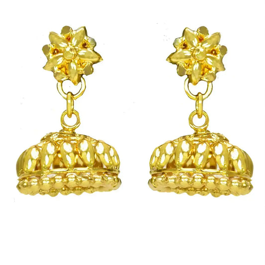 South Indian Gold Plated Umbrella Jhumka Earrings featuring a gold-plated beaded design for an elegant look.