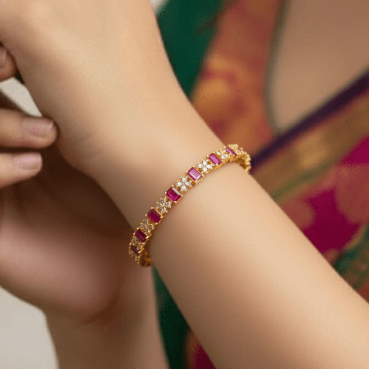 Sparkling Gold Plated Floral CZ Ruby Bangle - K Supreme