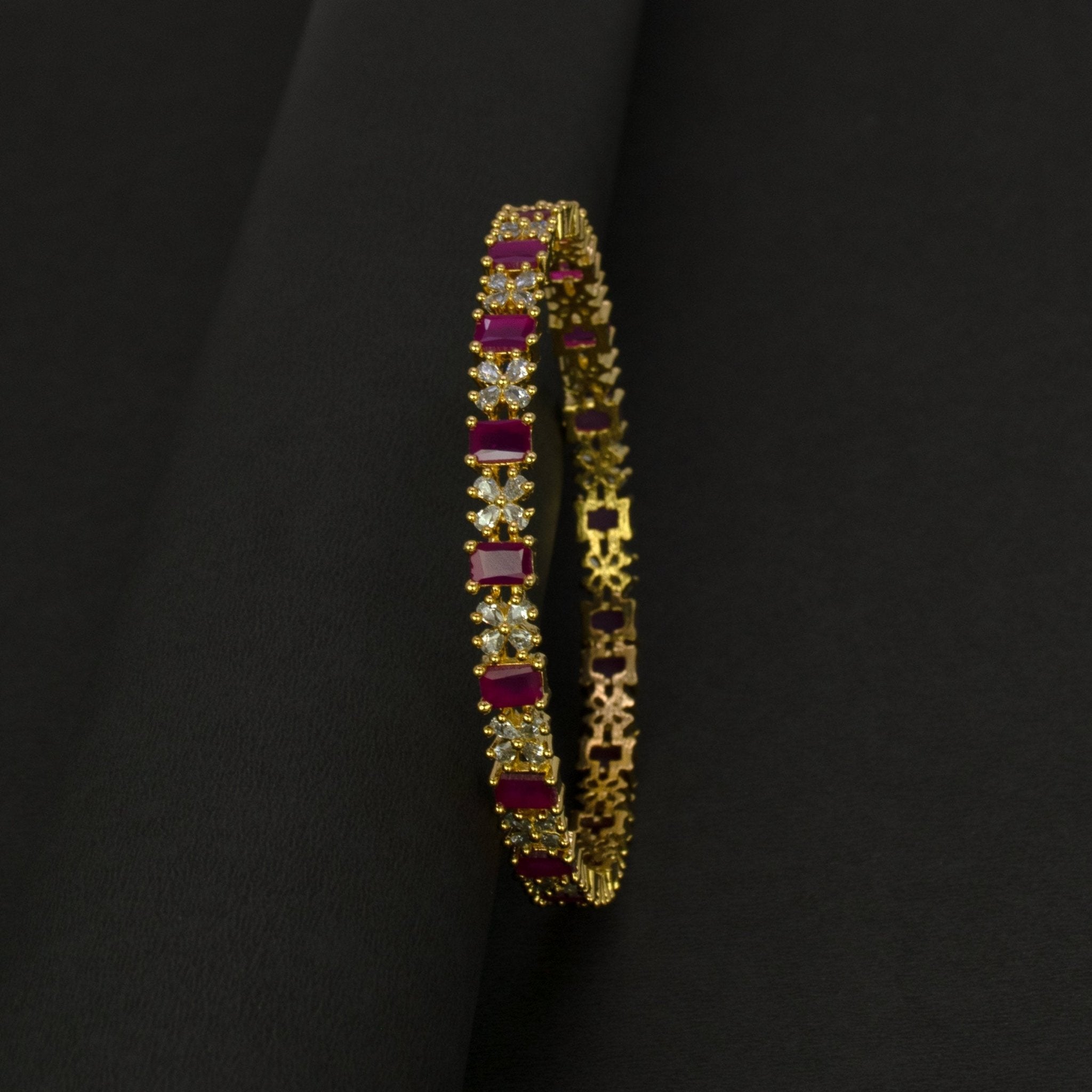 Sparkling Gold Plated Floral CZ Ruby Bangle - K Supreme