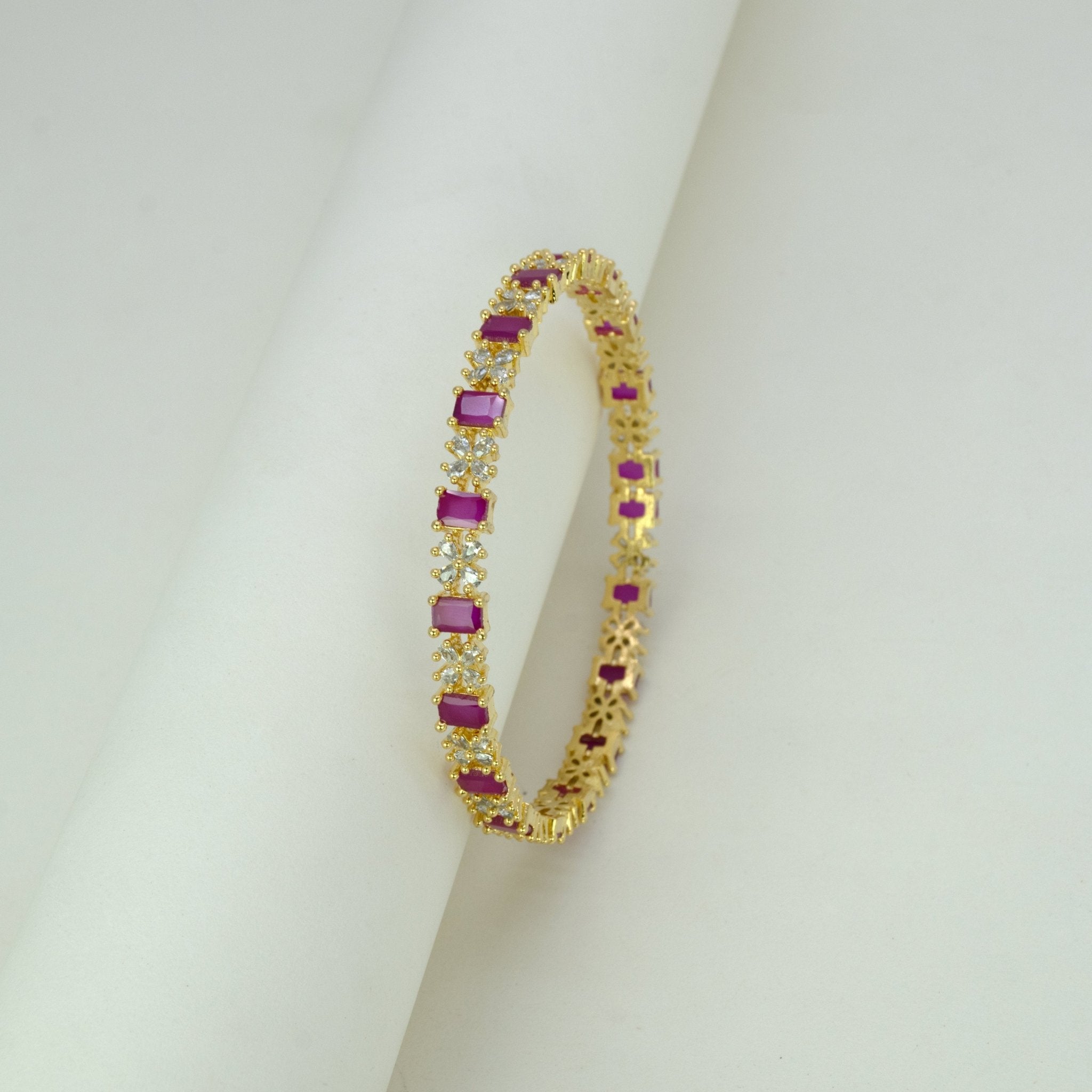Sparkling Gold Plated Floral CZ Ruby Bangle - K Supreme