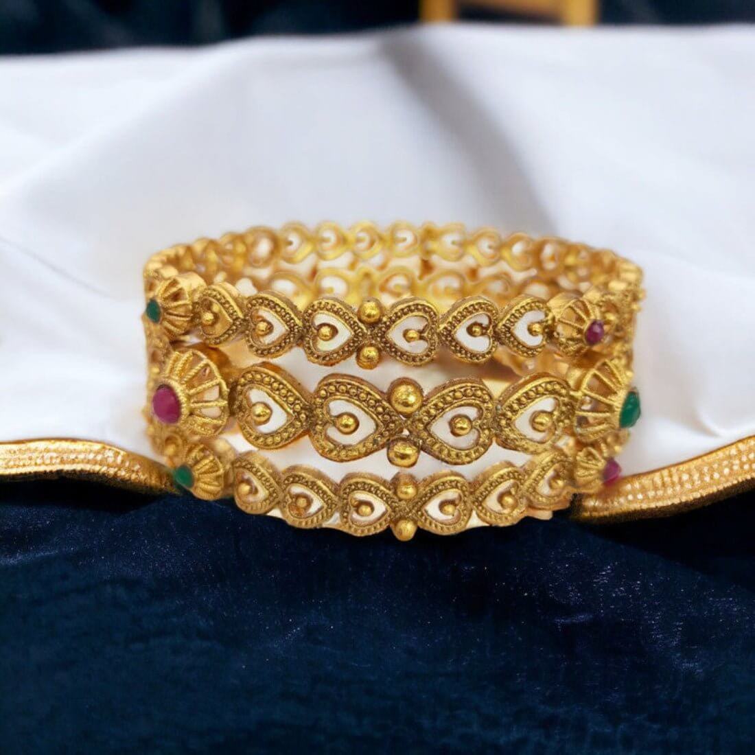 Stunning Bridal Antique Gold Plated Heart Bangles Set of 3 - K Supreme