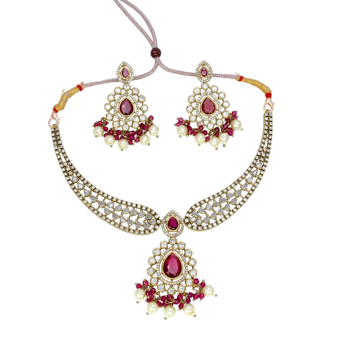 Stunning Wine Red Stone American Diamond Necklace Set - K Supreme