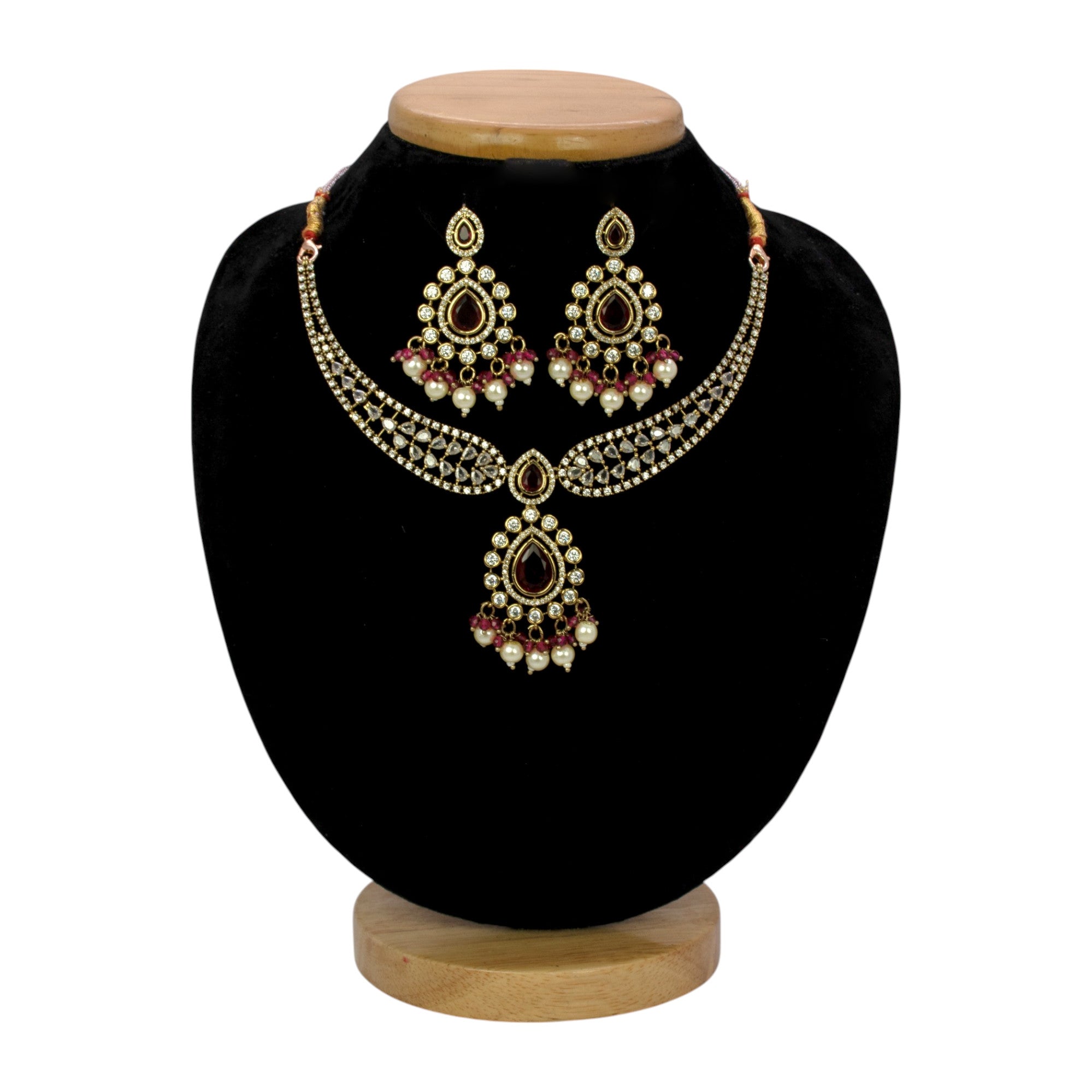 Stunning Wine Red Stone American Diamond Necklace Set - K Supreme