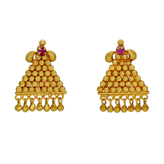 Stylish Gold Plated Beads Hanging Triangle Ruby Ear Studs