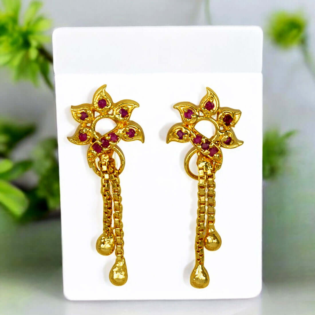Stylish Gold Plated Box Chain Tassels Floral Stone Earrings - K Supreme