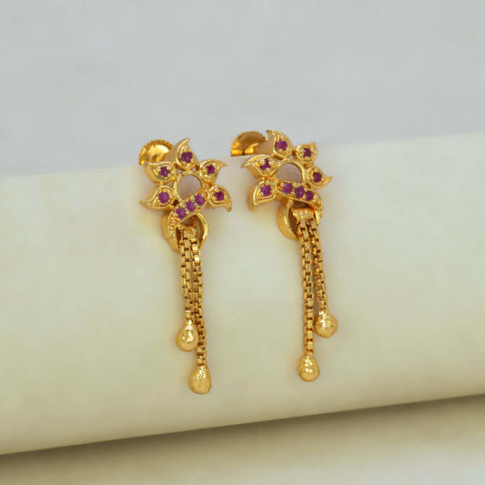 Stylish Gold Plated Box Chain Tassels Floral Stone Earrings - K Supreme