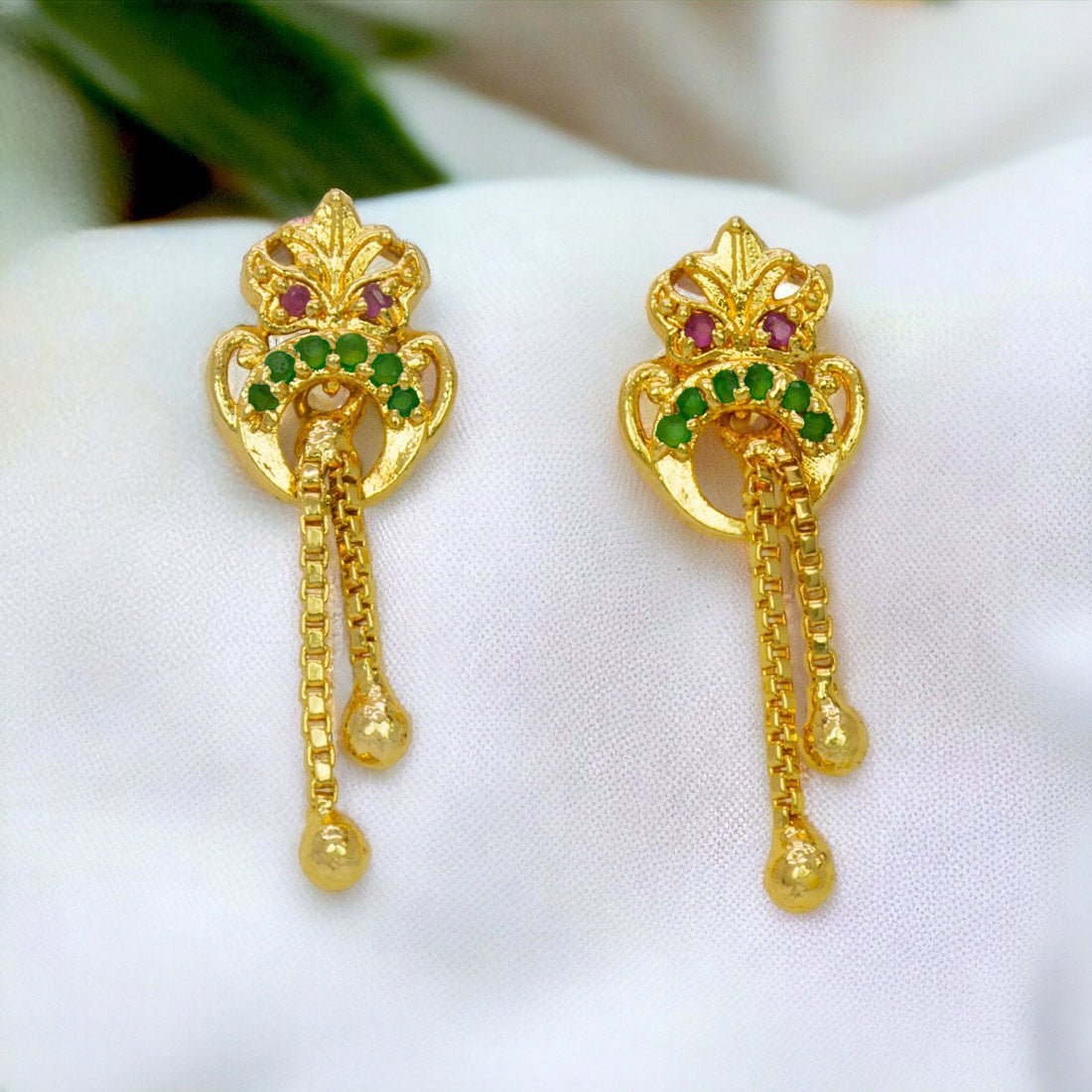 Stylish Gold Plated Box Chain Tassels Stone Earrings - KSupreme