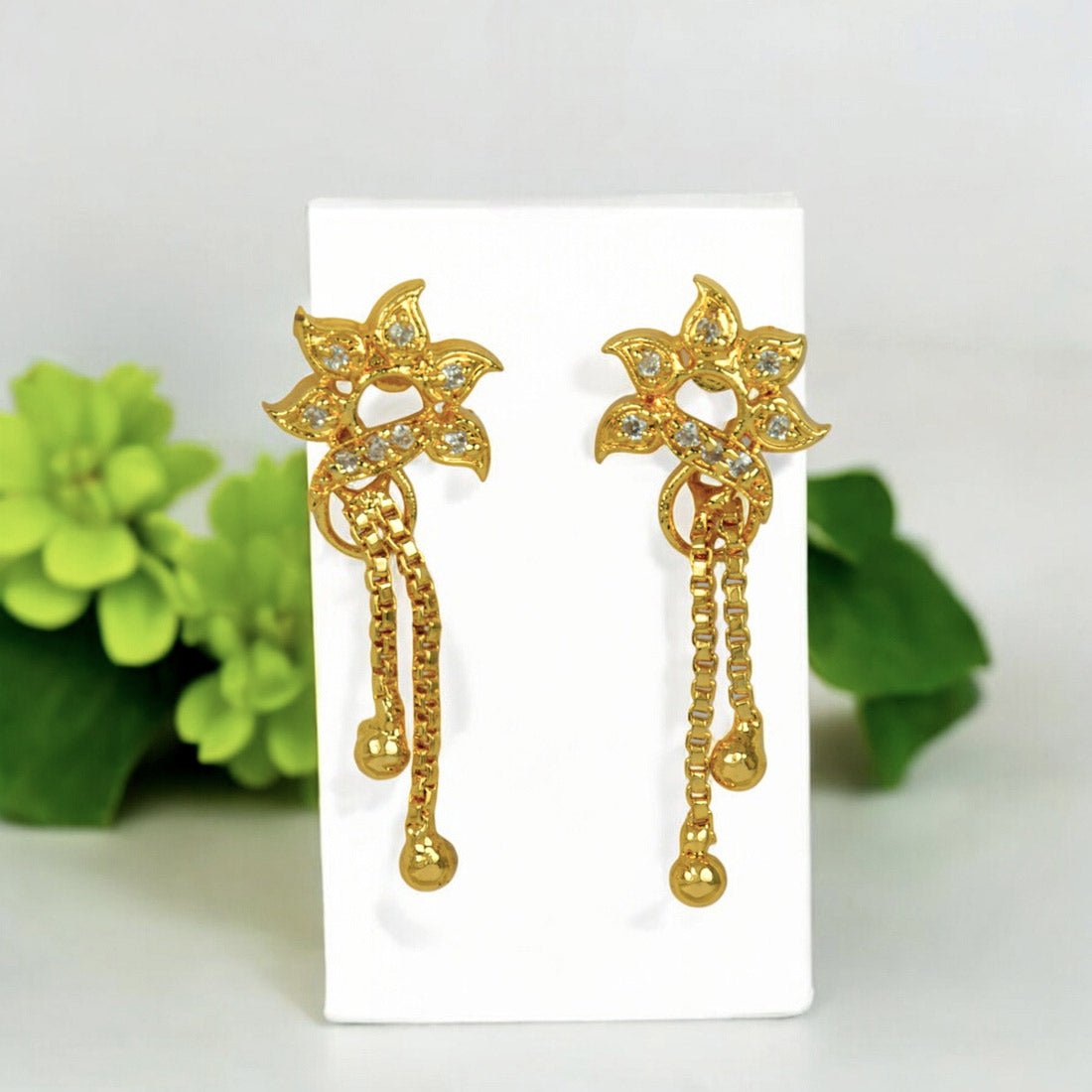 Stylish Gold Plated Box Chain Tassels Stone Earrings - KSupreme