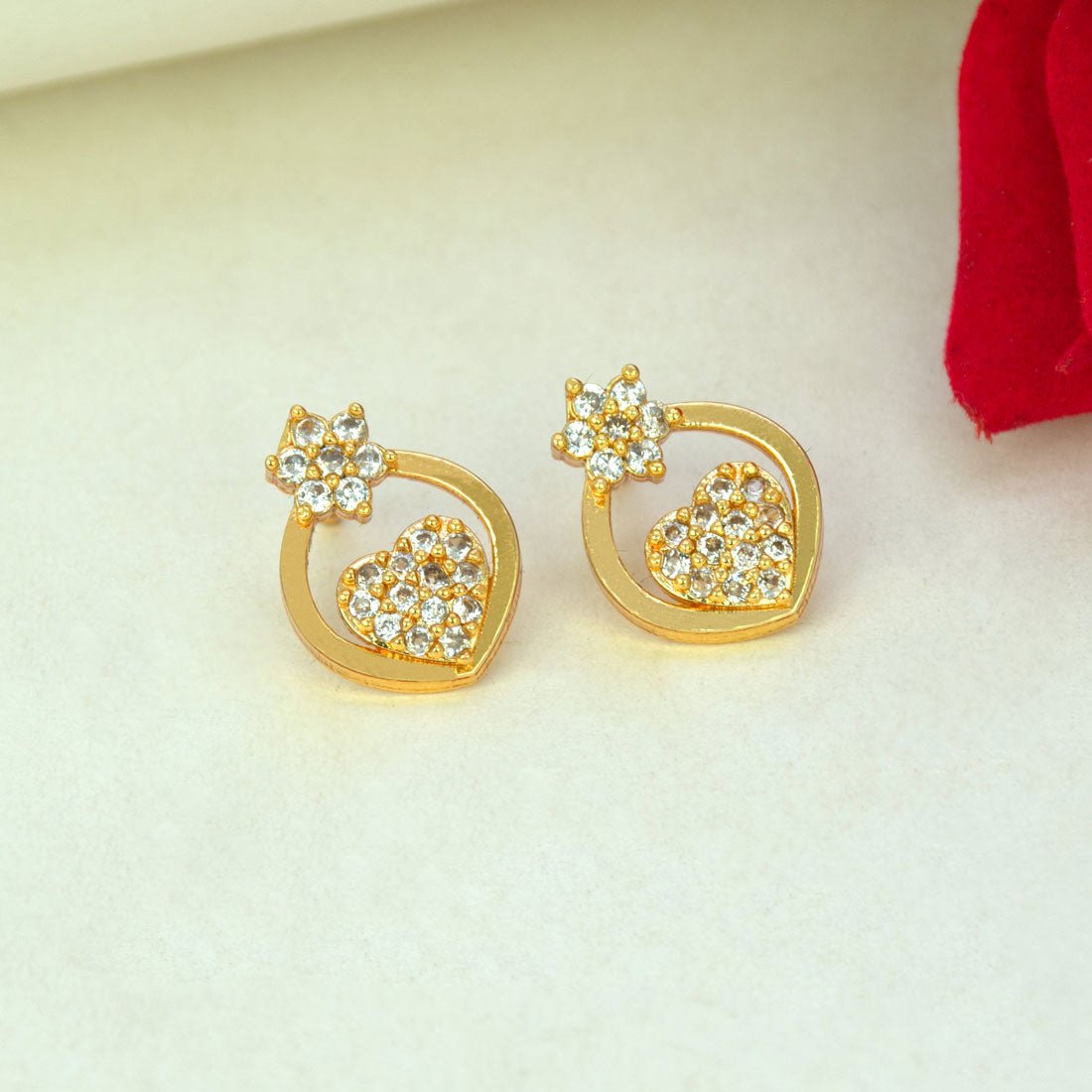 Stylish Gold Plated Floral Heart CZ Stud Earrings - K Supreme