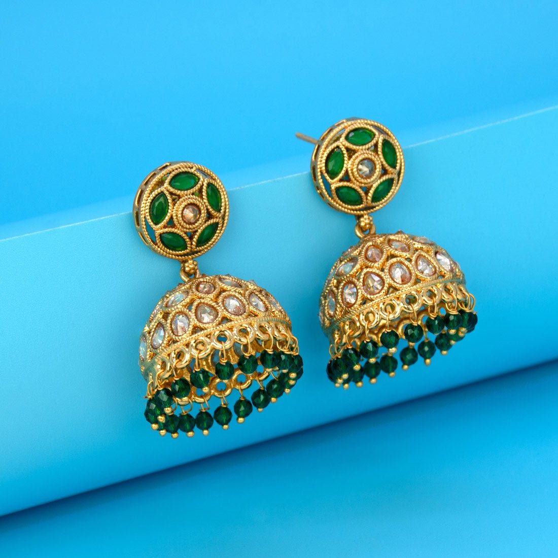 Stylish Kundan Stone Antique Gold Plated Jhumka Earrings - K Supreme