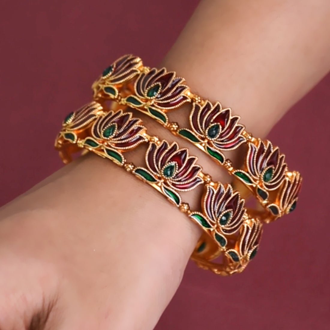 Stylish Matte Gold Plated Lotus Enamel Bangle - KSupreme
