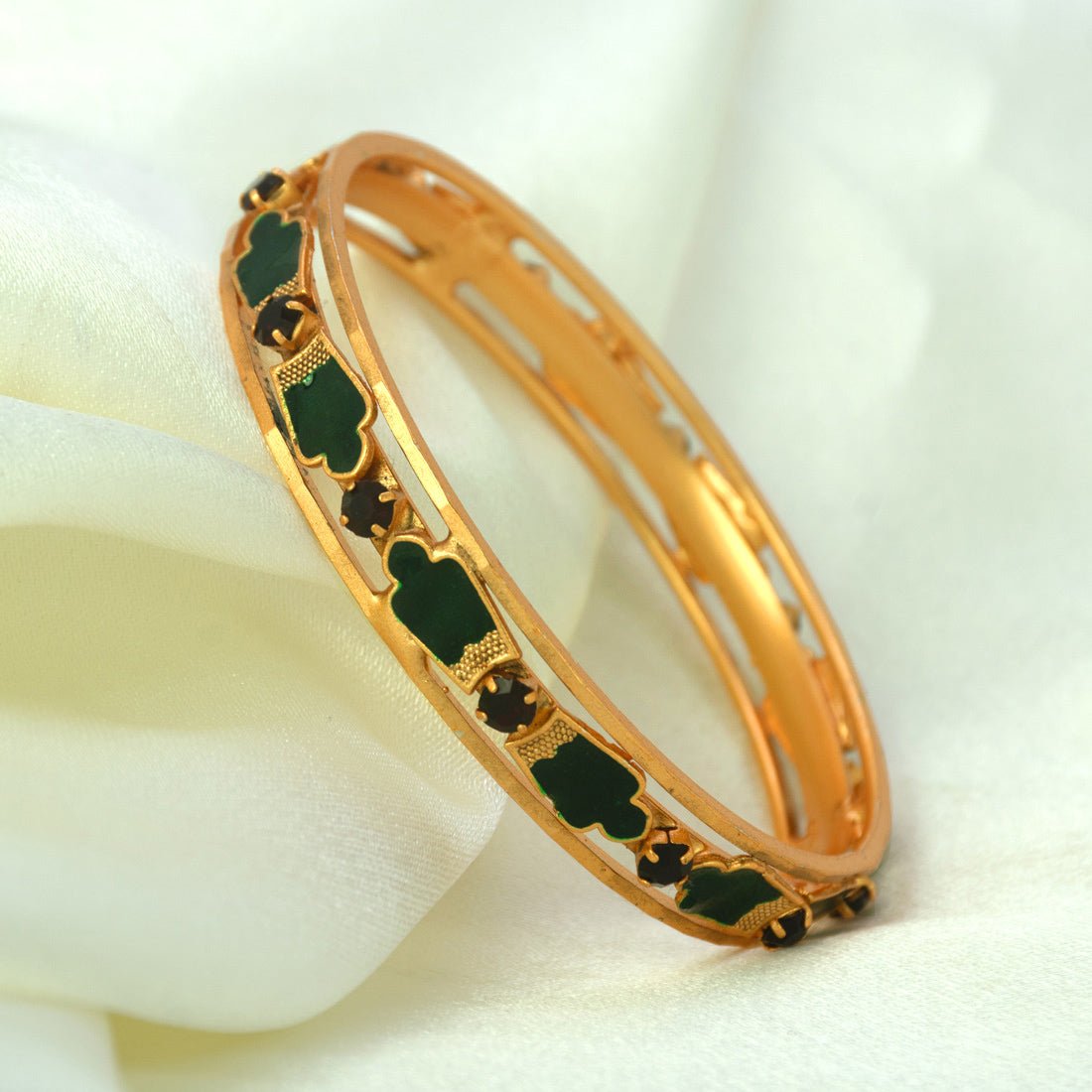 Traditional Gold Plated Green Enamel Nagapadam Style Bangle - KSupreme