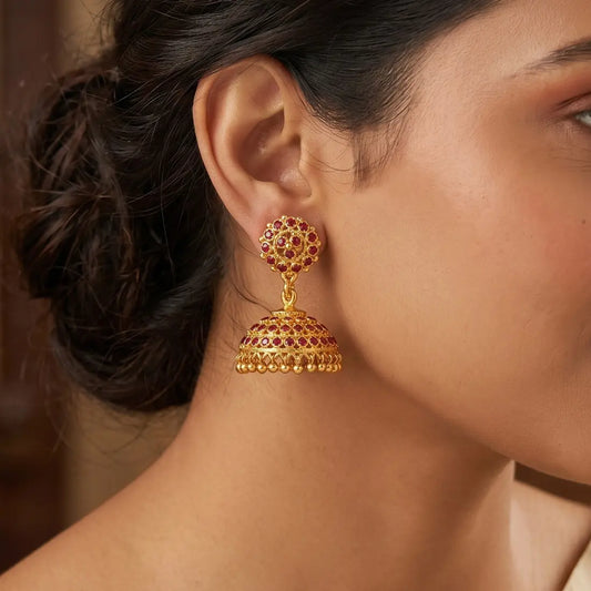 Traditional One Gram Gold Plated Ruby Jhumkas