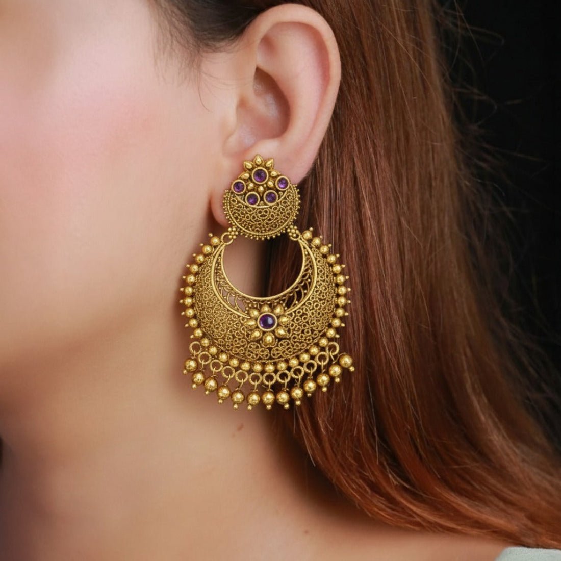Trendy Antique Gold Plated Filigree Chandbali Earrings - K Supreme