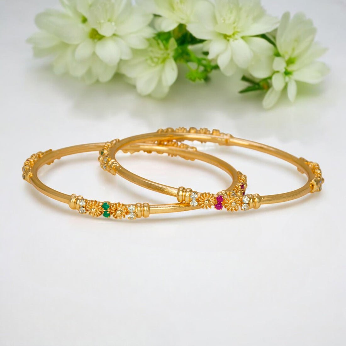Trendy Gold Plated Ruby Emerald CZ Thin Bangles - KSupreme